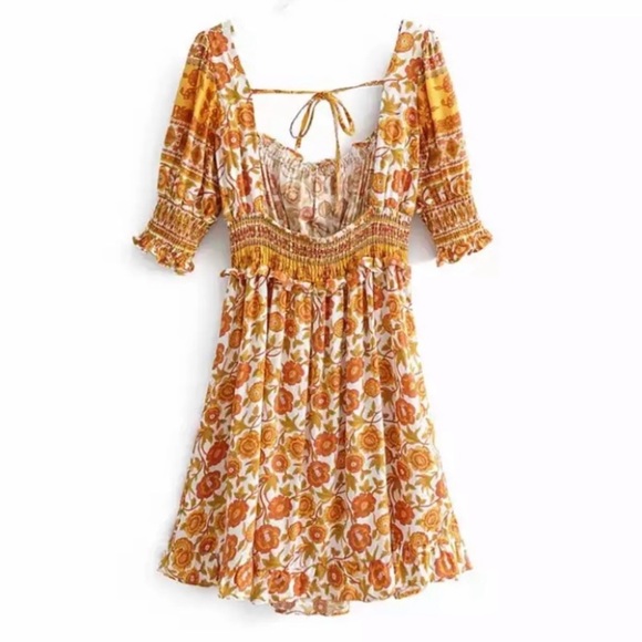Bohemian Floral Retro Smocked Mini Dress - Picture 7 of 8